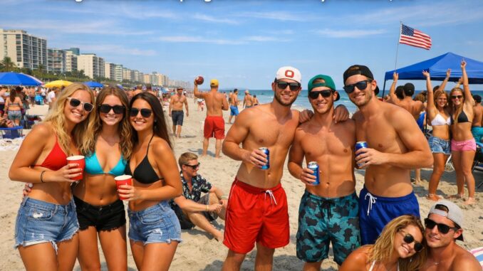 College students on the beach during spring break in North Myrtle Beach SC