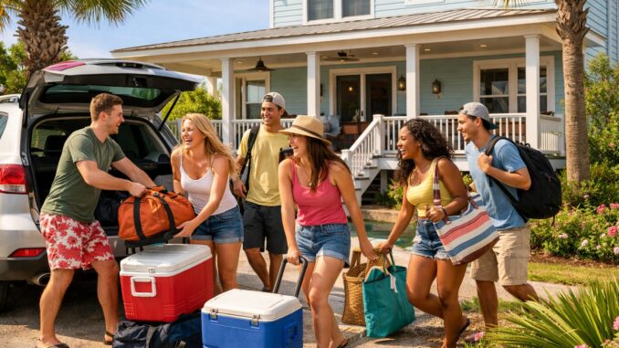 Beach Week rental house near Ocean Drive in North Myrtle Beach SC — students arriving for the week