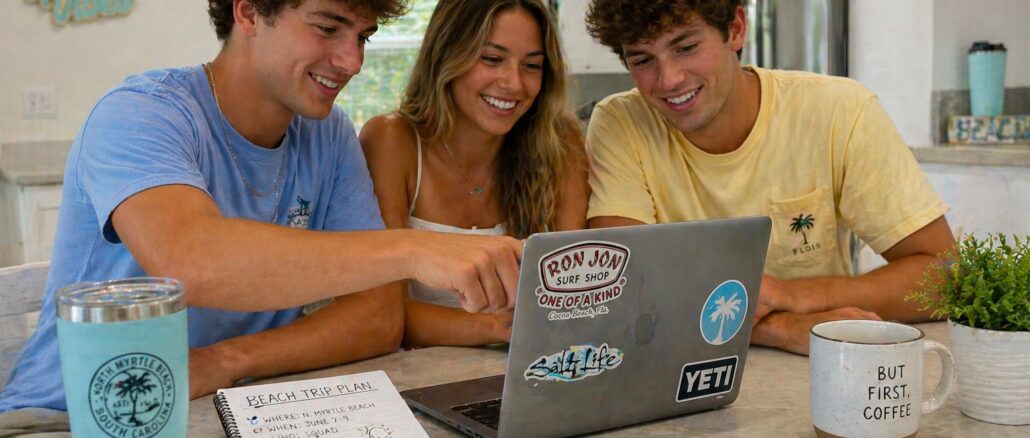 Student group planning a beach house rental booking together at a laptop — North Myrtle Beach group trip