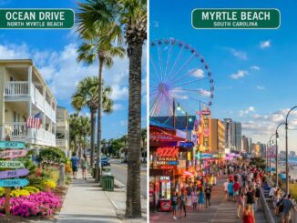 Split view comparing Ocean Drive in North Myrtle Beach and the Myrtle Beach Boardwalk — student travel comparison