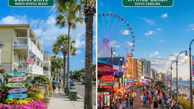 Split view comparing Ocean Drive in North Myrtle Beach and the Myrtle Beach Boardwalk — student travel comparison