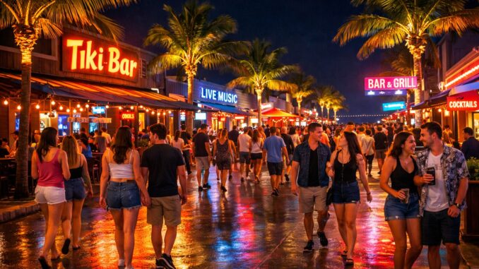 Nightlife on Ocean Drive in North Myrtle Beach SC — Main Street bar scene at night