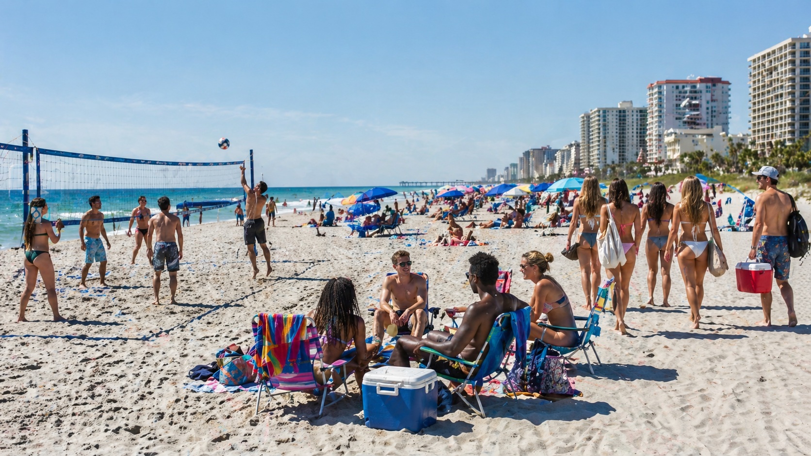 Students enjoying a sunny day on the beach at Ocean Drive in North Myrtle Beach SC